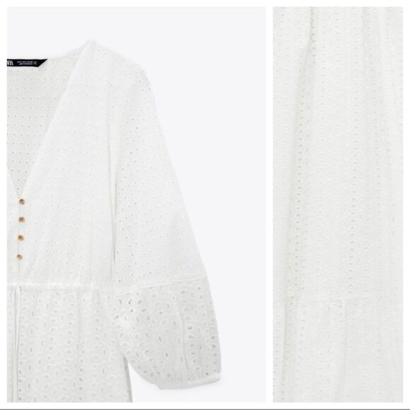 ZARA CUTWORK EMBROIDERY WHITE V-NECK MIDI DRESS - Picture 8 of 8